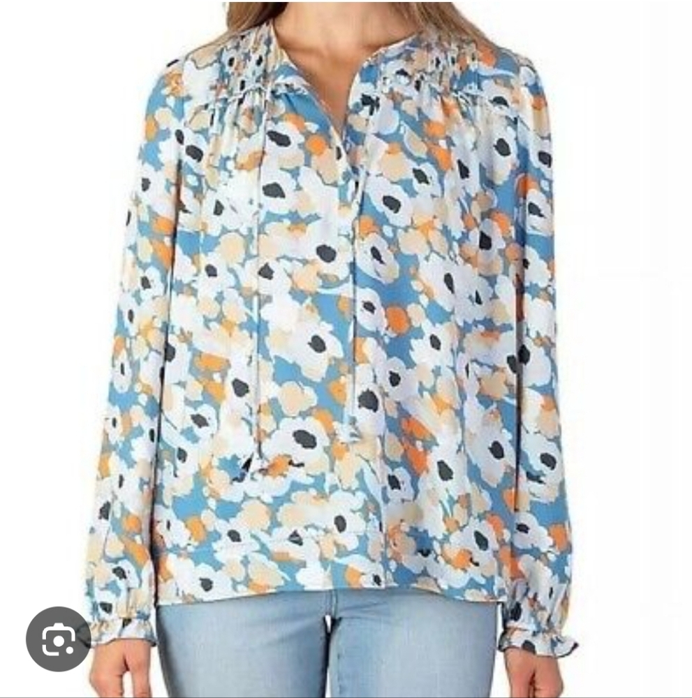 JOIE M Mod Floral Pleated Blouse Button Down Tie Neck NEW